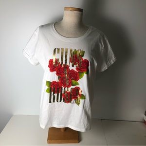 NWT Camaïeu Paris Rocker Chic Graphic Tee 100% Cotton Roses & Gold